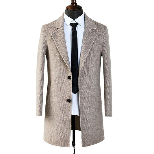 Men's Double Faced Wool Herringbone Pattern Mid Length Overcoat